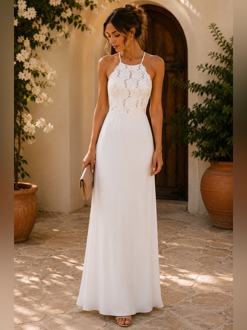 NWT Sequin Hearts White Lace Ruffle Halter Open Back Evening Gown